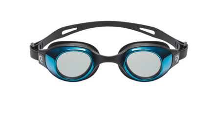 Blue-frame swimming goggles glisten against black; product photography for sports gear, advertisement.