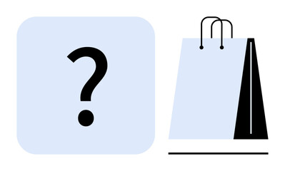Large question mark next to a sleek shopping bag evokes curiosity, decision-making, online shopping, marketing engagement. Ideal for mystery deal, surprise sales, creativity, e-commerce, branding