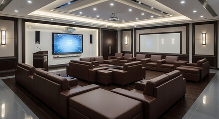 Conference room with brown leather seating and large screen display for presentations and discussions ai genrated