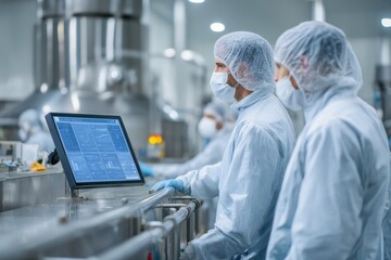A clean food processing plant with staff in protective clothing An AI screen is monitoring hygiene compliance The mood feels safe and well managed, Generative AI