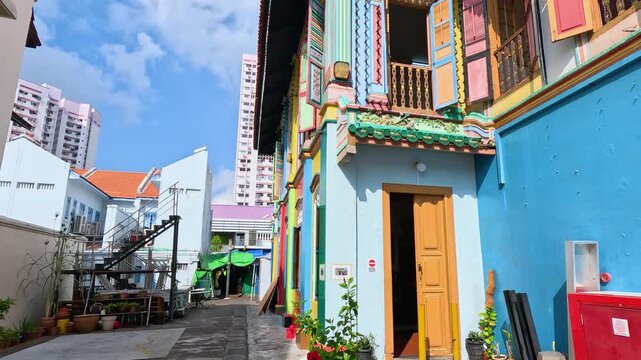 Colorful Shophouse Exterior in Singapore Alleyway, Daytime