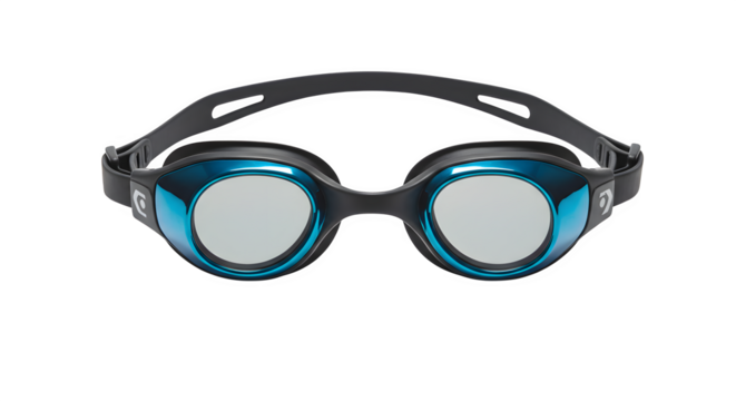 Blue-frame swimming goggles glisten against black; product photography for sports gear, advertisement. - Powered by Adobe