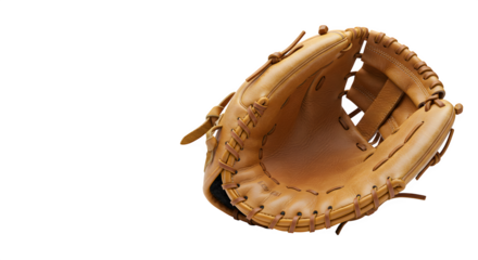Brown leather baseball glove presents its texture in soft studio lighting for product staging, branding, and posters.
