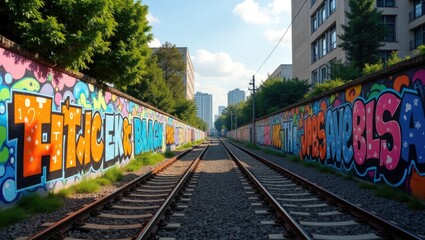 Fototapeta premium Graffiti-covered wall alongside train tracks under a bright sky.