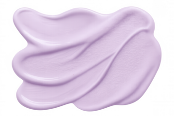 Lavender cosmetic cream forming silky, liquid waves against transparent backdrop, revealing delicate, velvety texture