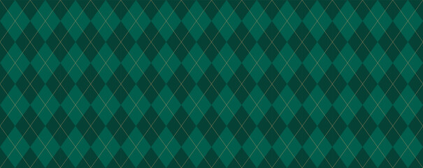 Christmas rhombus seamless pattern. Xmas plaid texture with gold line. Green argyle geometric diamond abstract pattern. Christmas design wrapping. Vector illustration isolated on green background.
