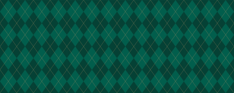 Christmas rhombus seamless pattern. Xmas plaid texture with gold line. Green argyle geometric diamond abstract pattern. Christmas design wrapping. Vector illustration isolated on green background.
