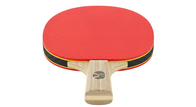 Red textured ping pong paddle features a wood handle on black. Perfect for table tennis promotion, sport-themed posters, or racket sports product photography.