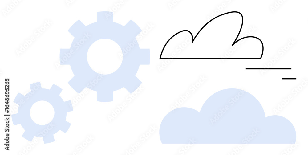 Poster minimalist design with clouds, two gears, and dynamic lines emphasizing connectivity, innovation, an