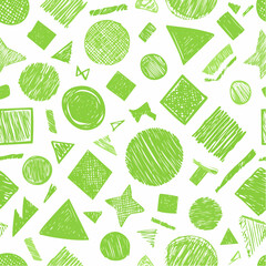 Green crayon drawn funky rounded geometric shapes seamless banner design. 