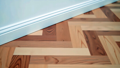 High fidelity hardwood parquet flooring pattern design with copy space for interior decoration and home renovation projects