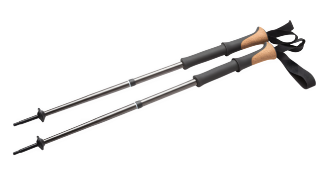 Hiking poles feature grey shafts and cork handles on a black backdrop for product photography.