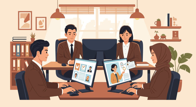 Illustration of a diverse corporate team using technology for remote collaboration in a modern office.