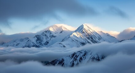 Majestic snow-covered mountain peaks pierce through a serene blanket of ethereal clouds