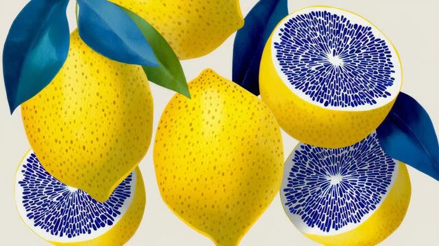Vibrant yellow lemons with blue-fleshed interiors are artistically arranged, showcasing their unique textures and colors, creating a visually striking composition that highlights freshness and creativ
