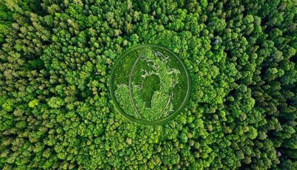 Aerial view of a forest with a world map design