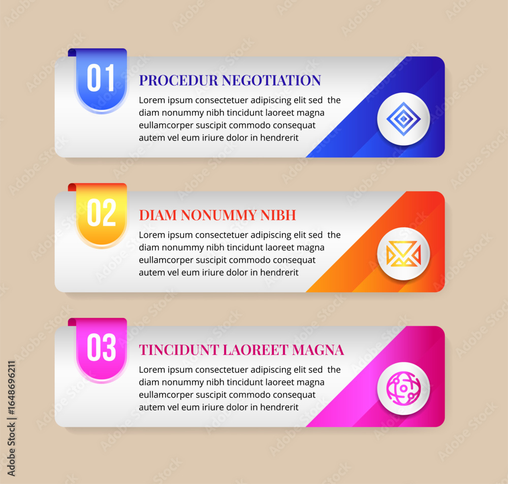 Poster three step infographic design template. rectangle white grey gradient colors for backrount with colo