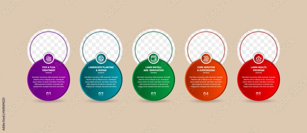 Poster circle on circle five step colorful gradient infographic with space for photo on top place. text box
