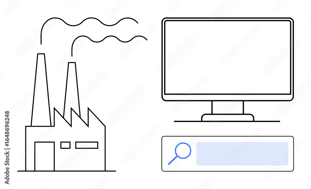 Poster factory with chimneys, desktop monitor, search bar symbolizing industrial processes, technology inte