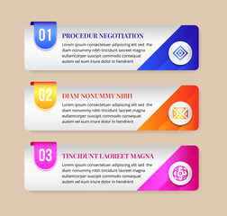 three step infographic design template. rectangle white grey gradient colors for backrount with colorful gradient element. the composition are number, text and icon element. 