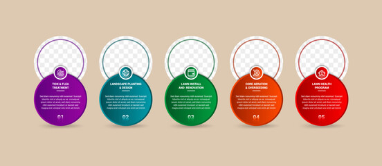 Circle on circle five step colorful gradient infographic with space for photo on top place. text box information for website page or printing materials. 
