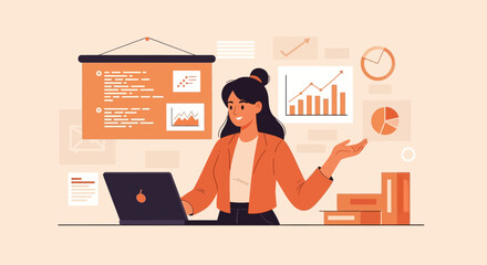 Energetic Businesswoman Presenting Data-Driven Insights with Graphs and Charts