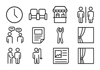Theater Intermission Icons. Outline icon set of theater intermission: clock countdown, lounge chairs,