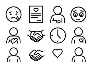 Apology Icon Set. Outline icon set of apology and regret: teardrop face, written letter, honest words,