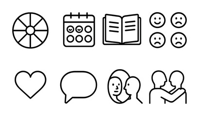 Emotional Awareness Icons. Outline icon set of emotional awareness tools: emotion wheel, mood tracker, journal