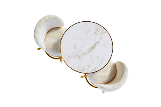 High-angle view of a small white marble top table and two chairs