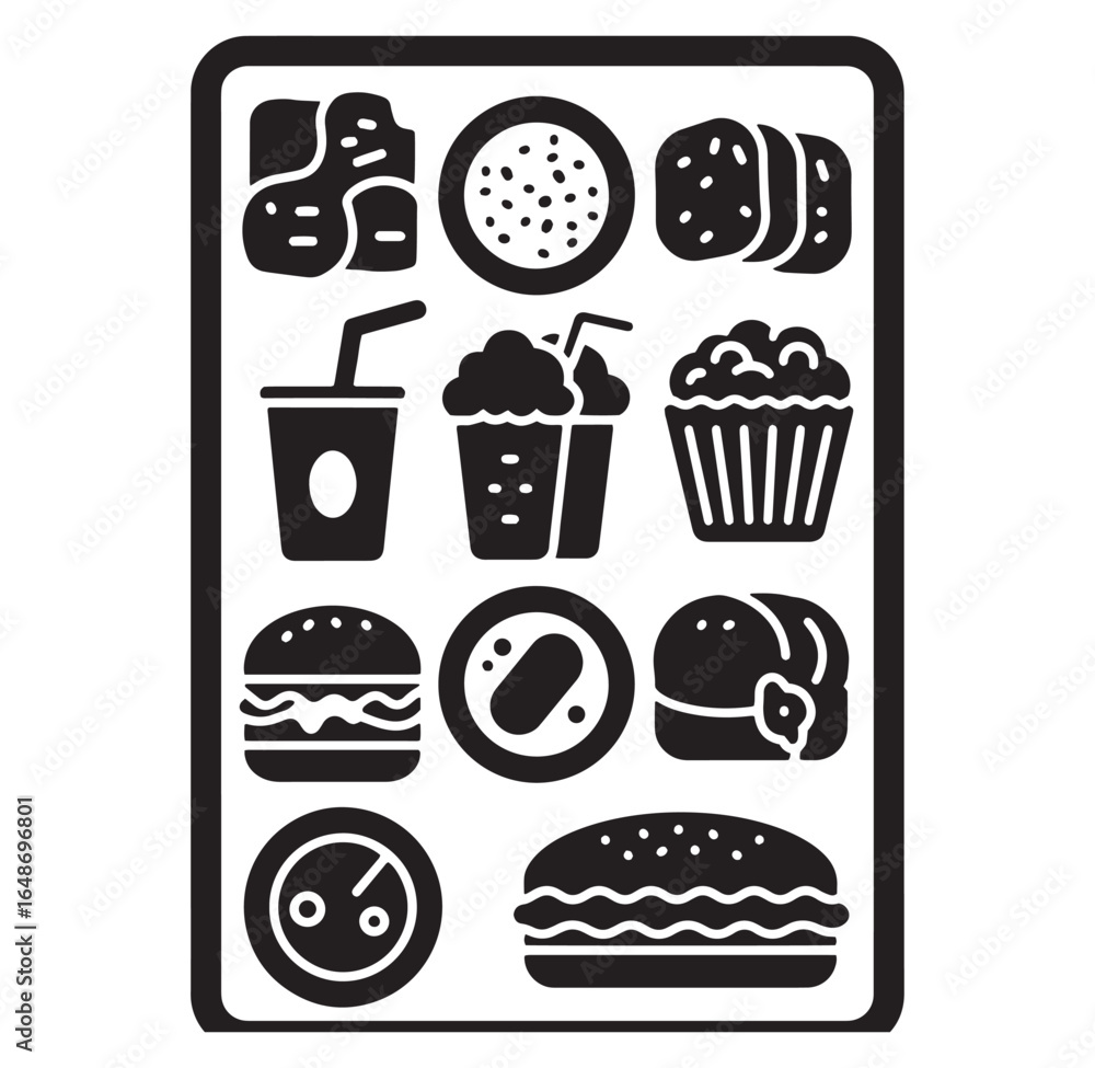 Poster diverse black and white food icon set displayed on a rectangular tray for design elements