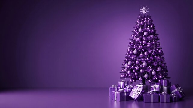 Photo of a beautifully decorated purple christmas tree adorned with ornaments and surrounded by matching purple gift boxes, creating a festive and elegant holiday scene
