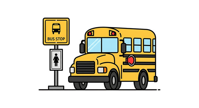 A cartoon illustration of a yellow school bus parked next to a bus stop sign on a white background ai genrated