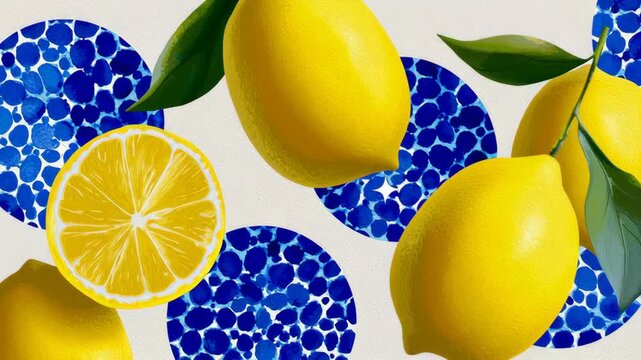 Vibrant yellow lemons with green leaves and a sliced lemon, artistically arranged against a textured background featuring blue circular patterns, showcasing a refreshing and lively fruit composition