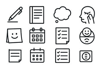 Emotional Journaling Icons. Outline icon set of emotional journaling: pen writing, lined paper, thought bubble