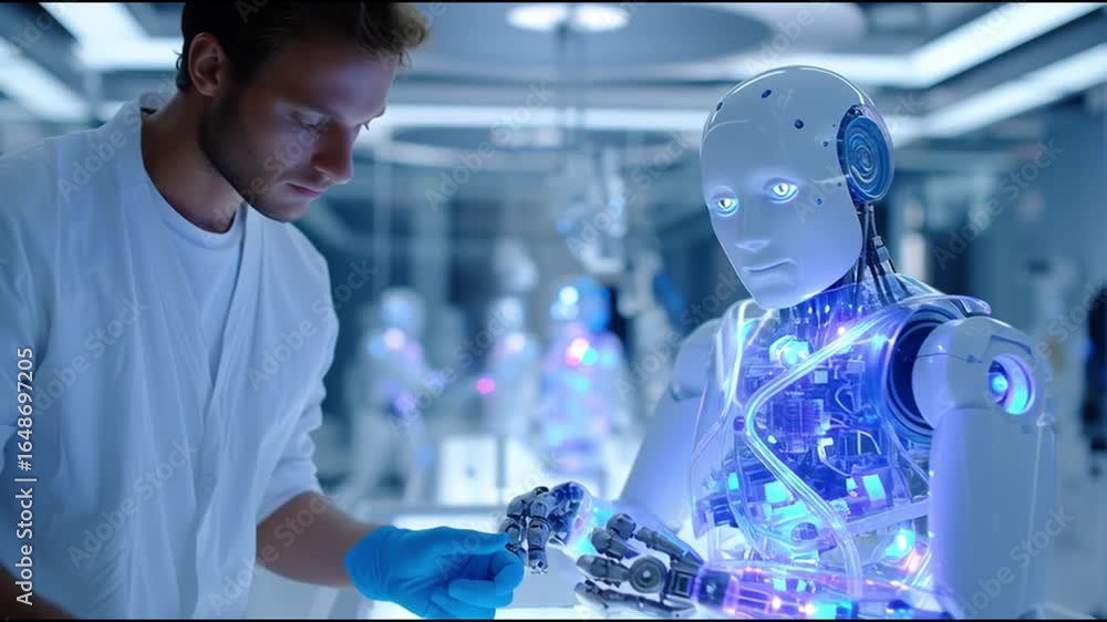 Poster engineer tests robotic technology in a high-tech lab with illuminated machinery