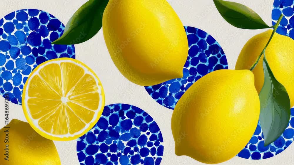 Poster vibrant lemons and lemon slices arranged artistically against a textured background featuring blue c