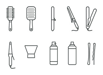 Hairstyling Tool Icons. Outline icon set of hairstyling tools: round brush, paddle brush, fine-tooth comb,