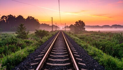 Obraz premium Railroad tracks stretching into vibrant sunrise, flanked by lush greenery and misty horizon.