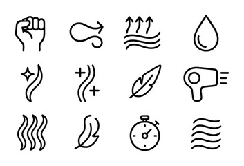 Hair Product Benefits Icons. Outline icon set of hair product benefits: strong hold, flexible hold, volumizing