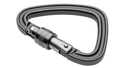 Gray carabiner gleams against black backdrop. Product photography highlights industrial design, safety equipment, rock climbing gear, adventure, or metalwork.