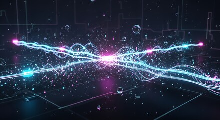 Futuristic city illuminated by luminous streams of pink and blue light, capturing the essence of rapid data transfer and interconnected networks.