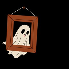 Happy Halloween. Horizontal banner with cute ghost in picture frame. Flat style grainy illustration for Trick or Treat themes, web design, advertising and promotion, festive backgrounds. Vector art.