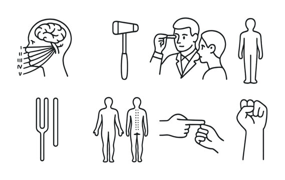 Neurological Exam Icons. Outline vector icons of neurological exam: cranial nerve diagram, reflex hammer,