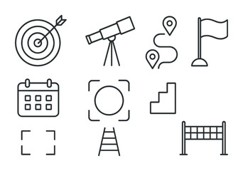 Fototapeta premium Goal Icons Grid. Outline vector icons of goal setting and vision: target board, vision telescope, roadmap icon