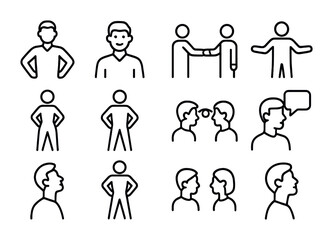 Confidence Icon Grid. Outline vector icons of self-confidence and assertiveness: upright posture, confident