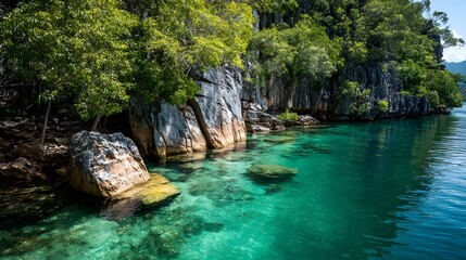 Naklejka premium Crystal-clear turquoise water laps the rocky shoreline.