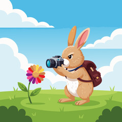A focused cartoon rabbit photographer with a backpack holding a camera to shoot a colorful flower.