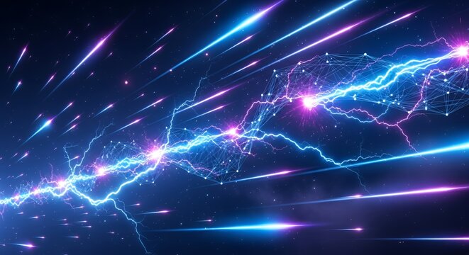 Brilliant streams of blue and violet lightning cut across a cosmic backdrop, with glowing nodes and speed lines creating a sense of intense energy and motion.