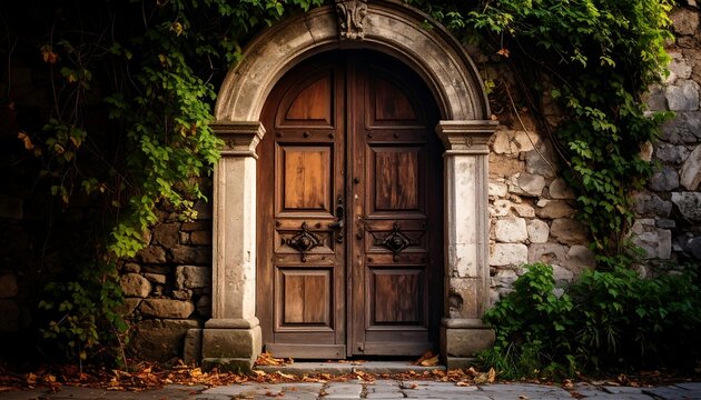 Ornate Wooden Doorway with Stone Archway and Vines in Autumnal Setting